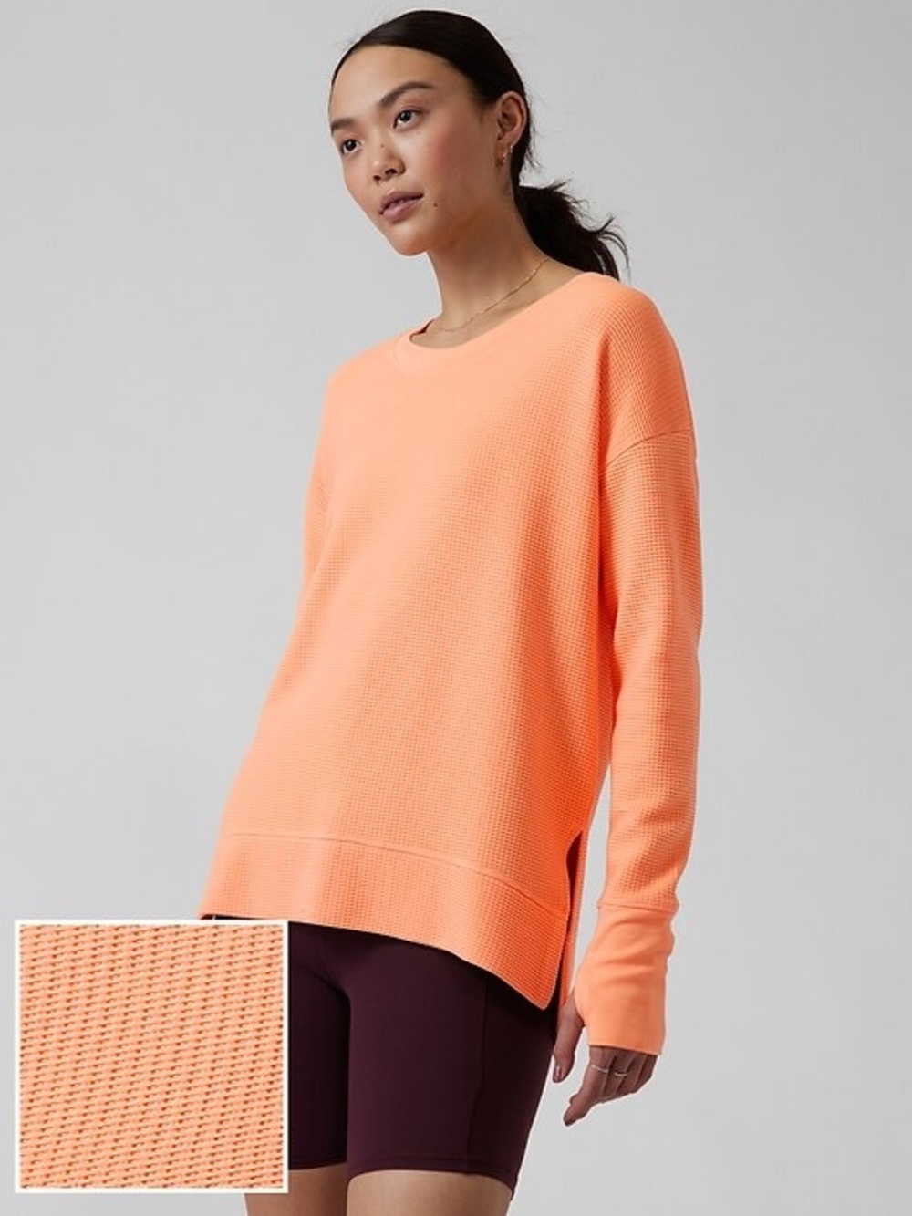 Athleta Coaster Luxe Waffle Crewneck Relaxed Bright Peach Orange Sweatshirt Sz S